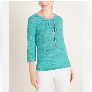 Chico’s Blue Turquoise Women’s 3/4 Sleeve Shine Stitch Pullover Sweater 3XL